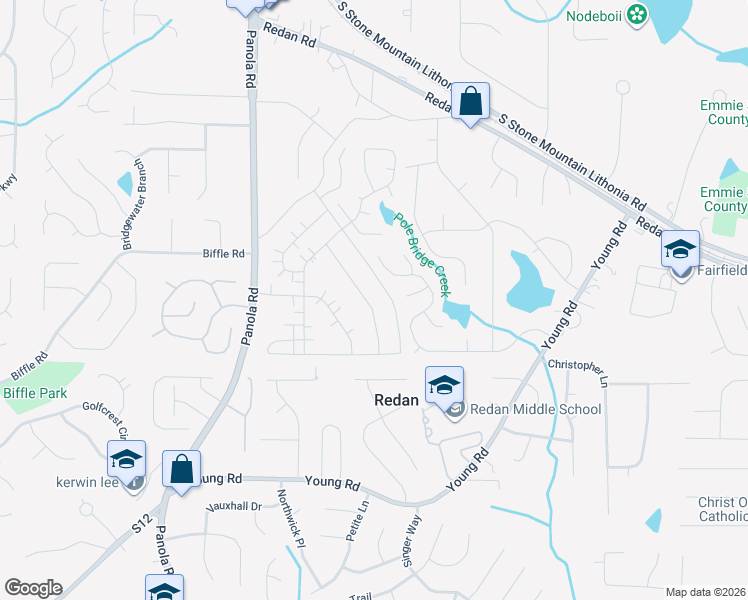 map of restaurants, bars, coffee shops, grocery stores, and more near 1585 Burnstone Drive in Stone Mountain