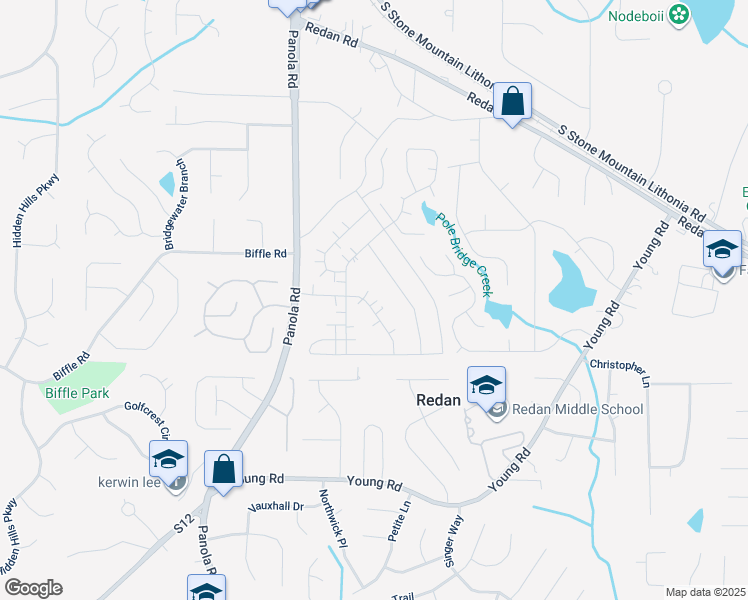 map of restaurants, bars, coffee shops, grocery stores, and more near 1576 Circlestone Drive in Stone Mountain