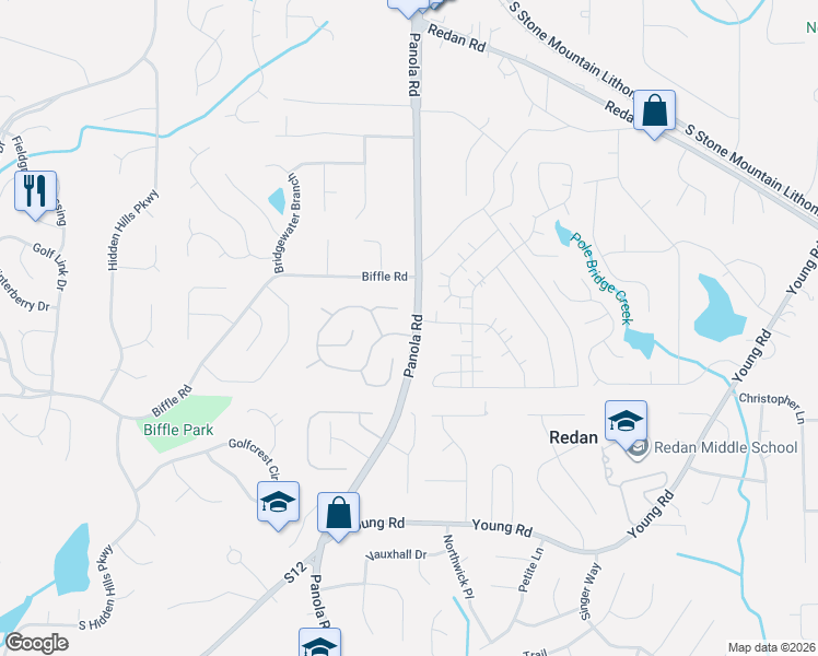 map of restaurants, bars, coffee shops, grocery stores, and more near 5449 Biffle Downs Road in Stone Mountain