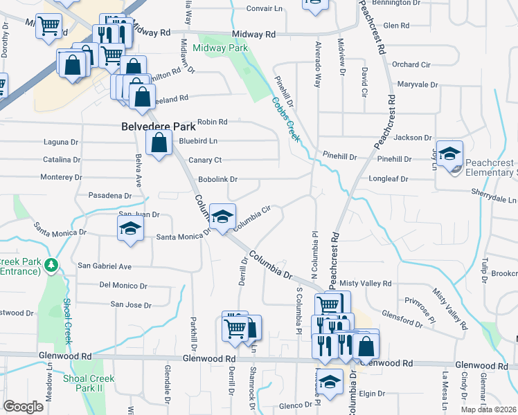 map of restaurants, bars, coffee shops, grocery stores, and more near 1545 Columbia Circle in Decatur