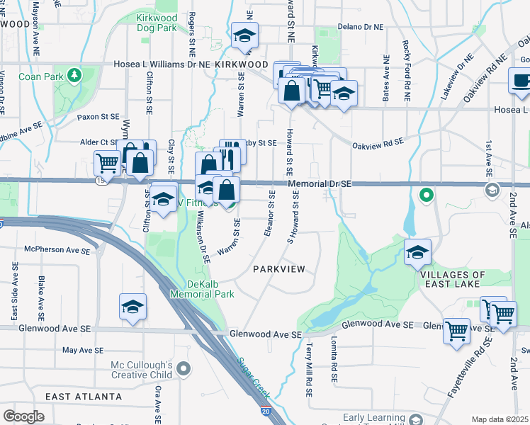 map of restaurants, bars, coffee shops, grocery stores, and more near 1594 Lincoln Avenue Southeast in Atlanta