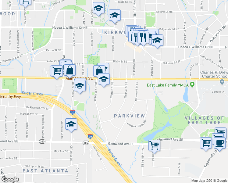 map of restaurants, bars, coffee shops, grocery stores, and more near 1562 Lincoln Avenue Southeast in Atlanta