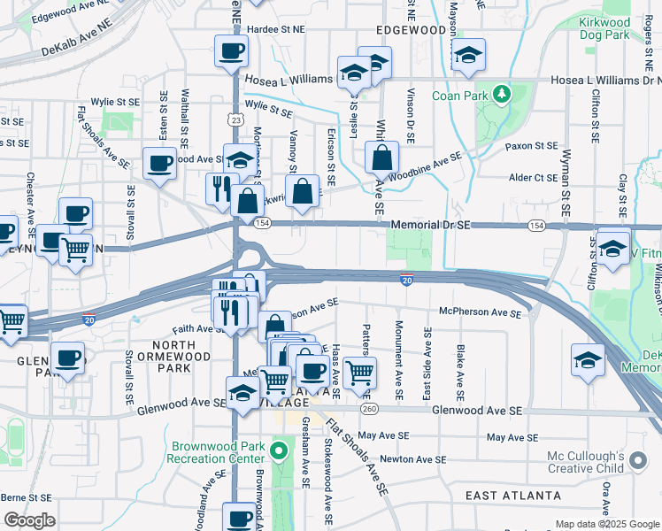 map of restaurants, bars, coffee shops, grocery stores, and more near 275 Haas Avenue Southeast in Atlanta