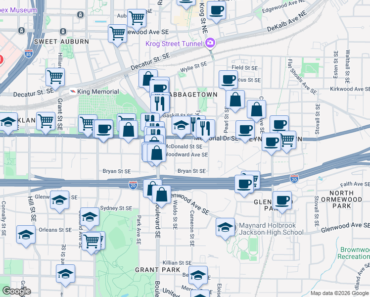 map of restaurants, bars, coffee shops, grocery stores, and more near 655 McDonald Street Southeast in Atlanta