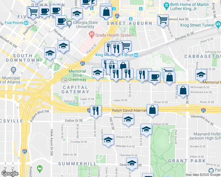 map of restaurants, bars, coffee shops, grocery stores, and more near 341 Hill Street Southeast in Atlanta