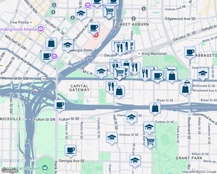map of restaurants, bars, coffee shops, grocery stores, and more near 230 Woodward Avenue Southeast in Atlanta