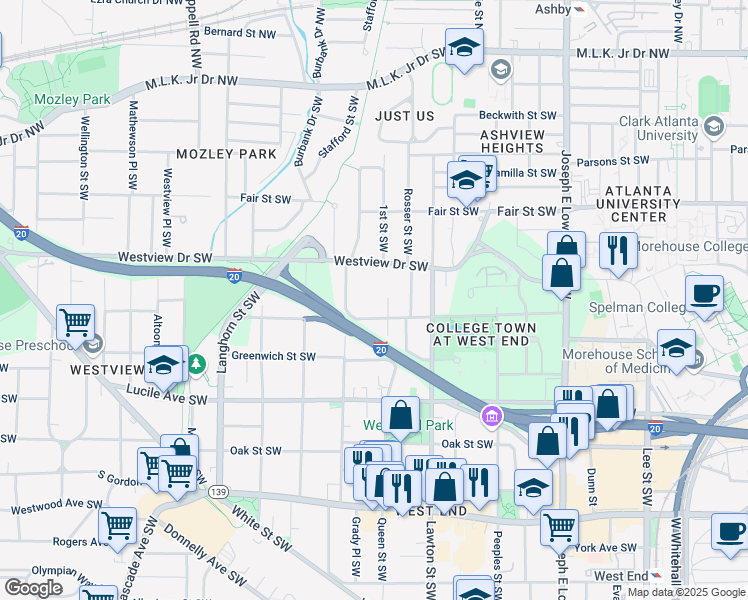 map of restaurants, bars, coffee shops, grocery stores, and more near 1171 Sells Avenue Southwest in Atlanta