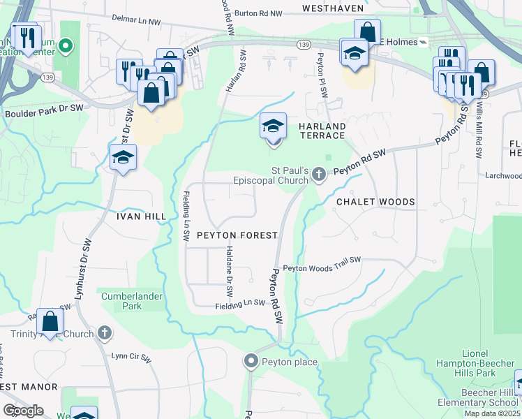 map of restaurants, bars, coffee shops, grocery stores, and more near 2814 Chaucer Drive Southwest in Atlanta