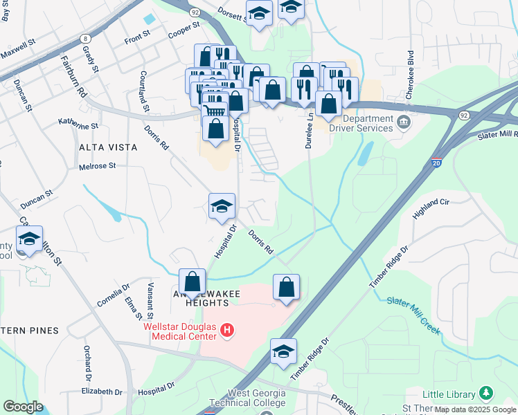 map of restaurants, bars, coffee shops, grocery stores, and more near 8634 O'Neal Drive in Douglasville