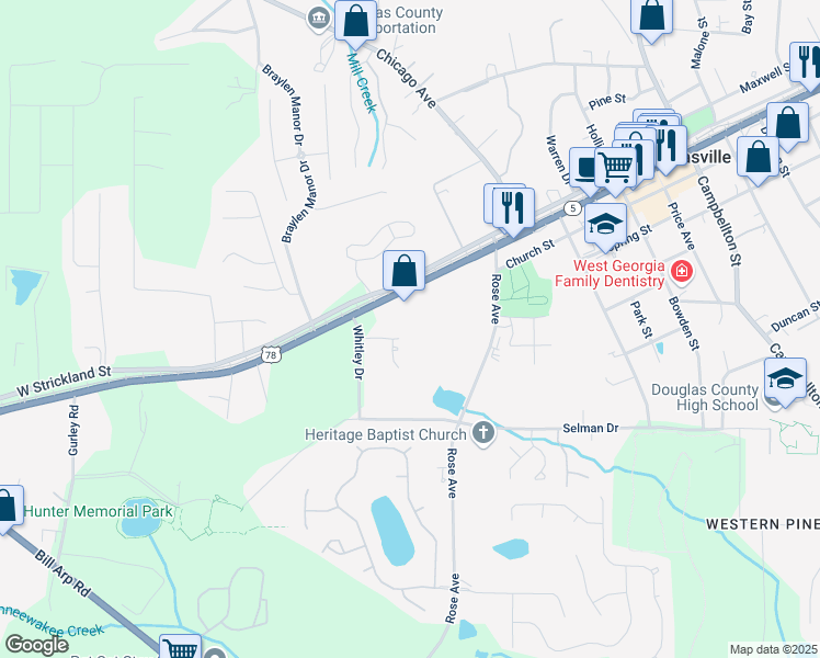 map of restaurants, bars, coffee shops, grocery stores, and more near 7019 Morningside Court in Douglasville