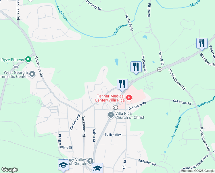 map of restaurants, bars, coffee shops, grocery stores, and more near 511 Reid Street in Villa Rica