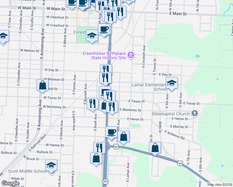 map of restaurants, bars, coffee shops, grocery stores, and more near in Denison