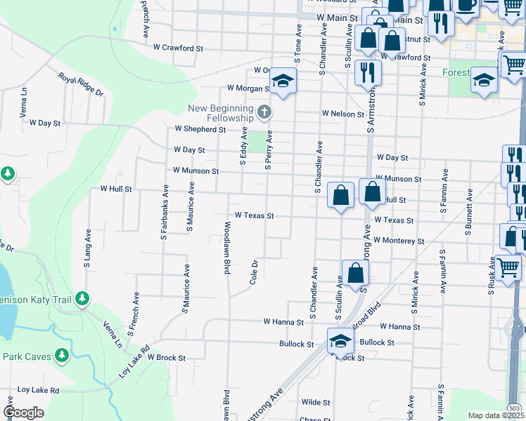 map of restaurants, bars, coffee shops, grocery stores, and more near 1101 South Perry Avenue in Denison