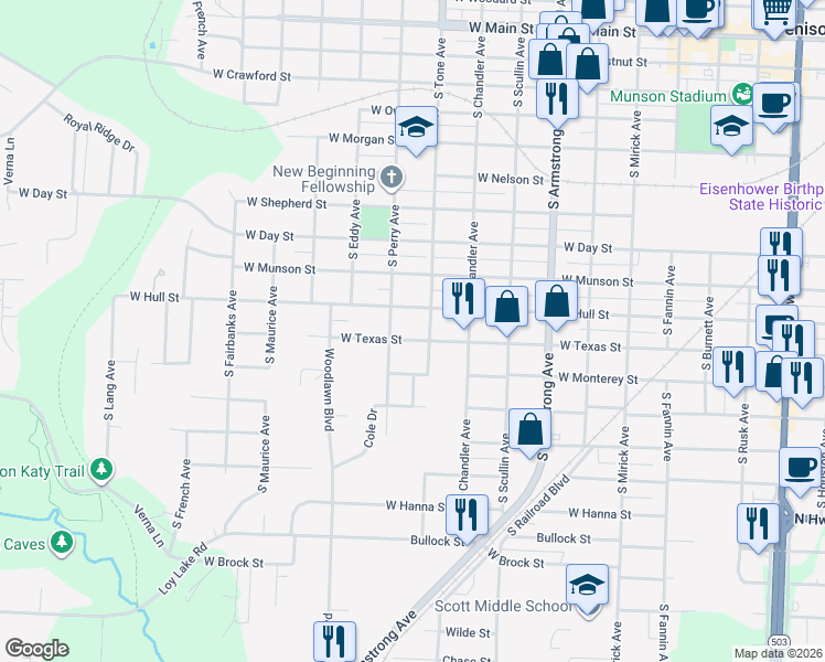 map of restaurants, bars, coffee shops, grocery stores, and more near 1120 West Texas Street in Denison