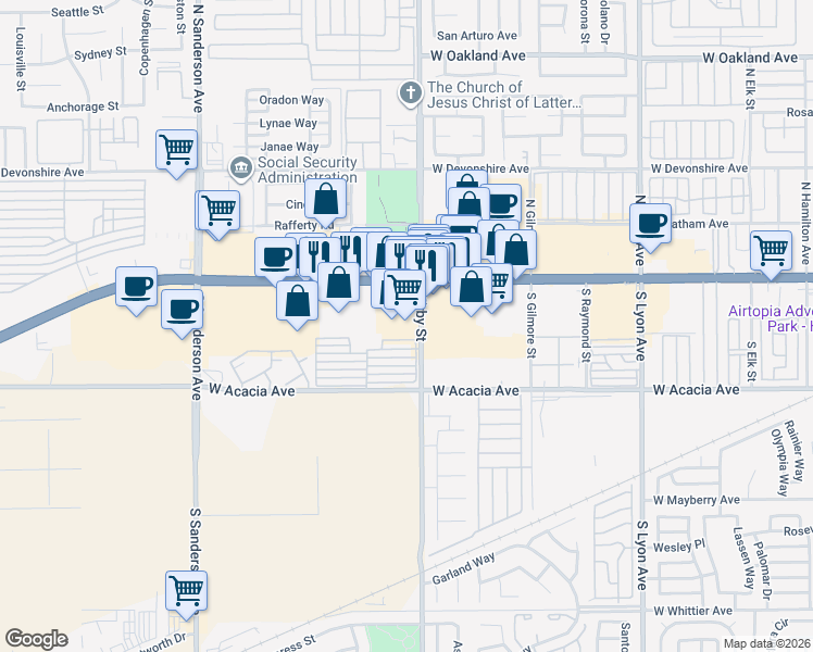 map of restaurants, bars, coffee shops, grocery stores, and more near 2525 West Florida Avenue in Hemet