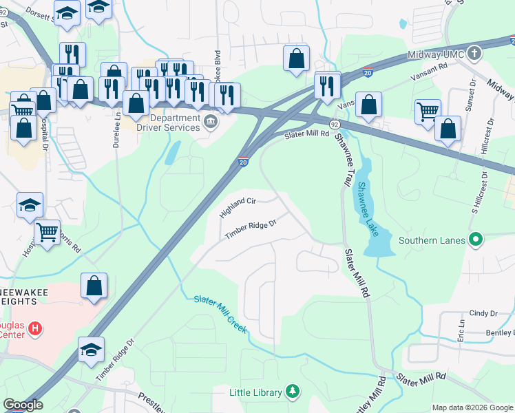 map of restaurants, bars, coffee shops, grocery stores, and more near 4346 Highland Circle in Douglasville