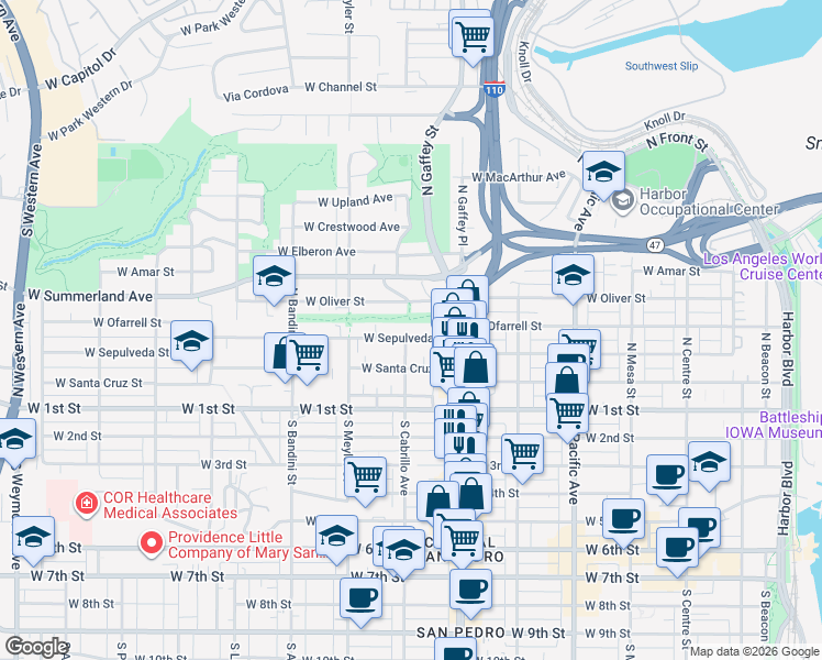 map of restaurants, bars, coffee shops, grocery stores, and more near 787 West Sepulveda Street in Los Angeles