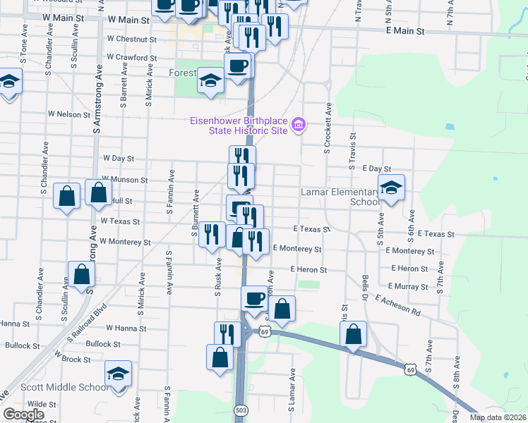map of restaurants, bars, coffee shops, grocery stores, and more near 1018 South Austin Avenue in Denison