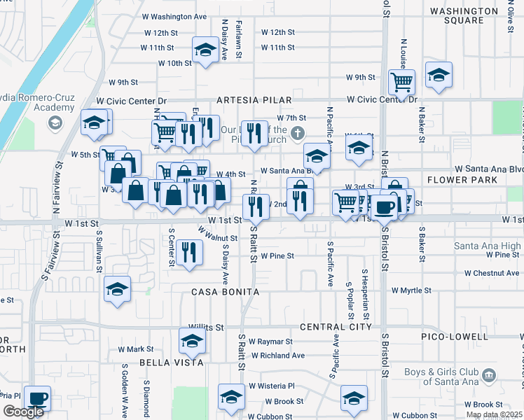 map of restaurants, bars, coffee shops, grocery stores, and more near 1715 West 1st Street in Santa Ana