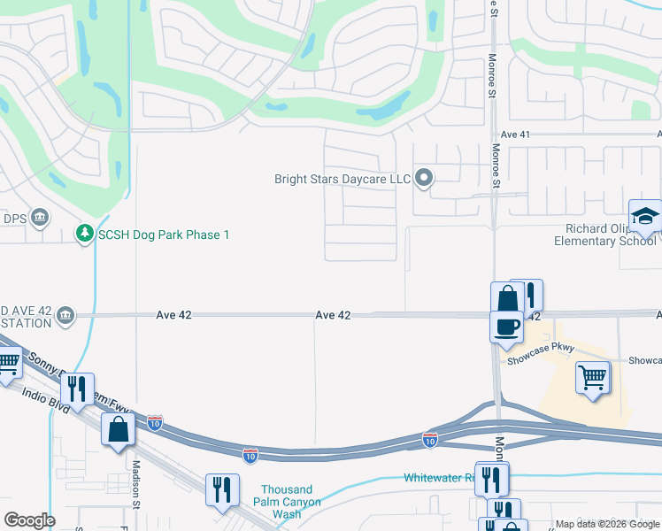map of restaurants, bars, coffee shops, grocery stores, and more near 81521 Avenida Celaya in Indio