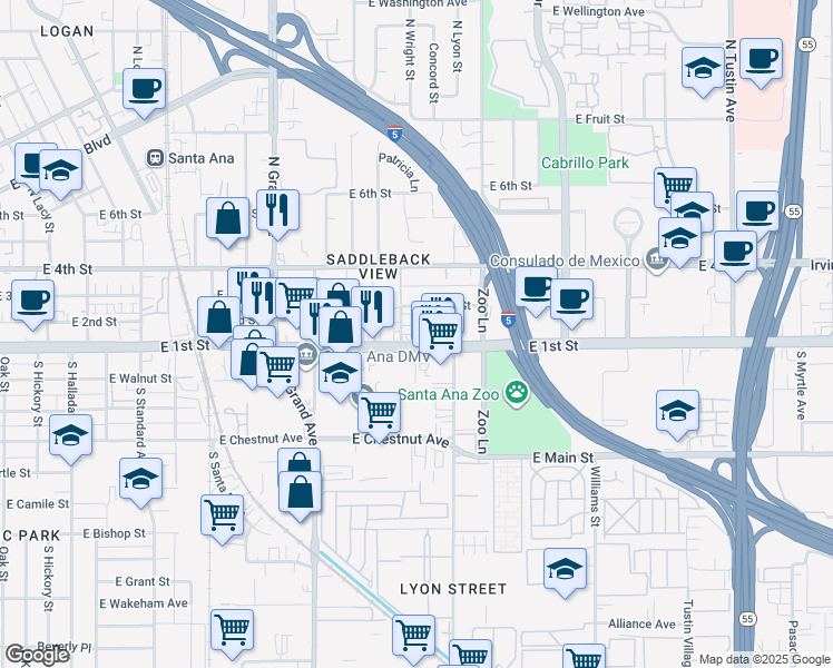 map of restaurants, bars, coffee shops, grocery stores, and more near 1609 East First Street in Santa Ana