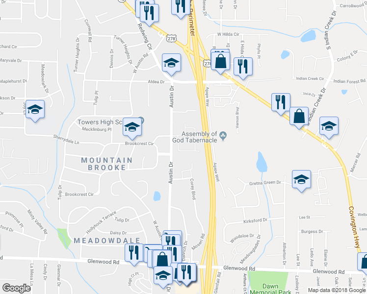 map of restaurants, bars, coffee shops, grocery stores, and more near 3976 Fireoak Drive in Decatur