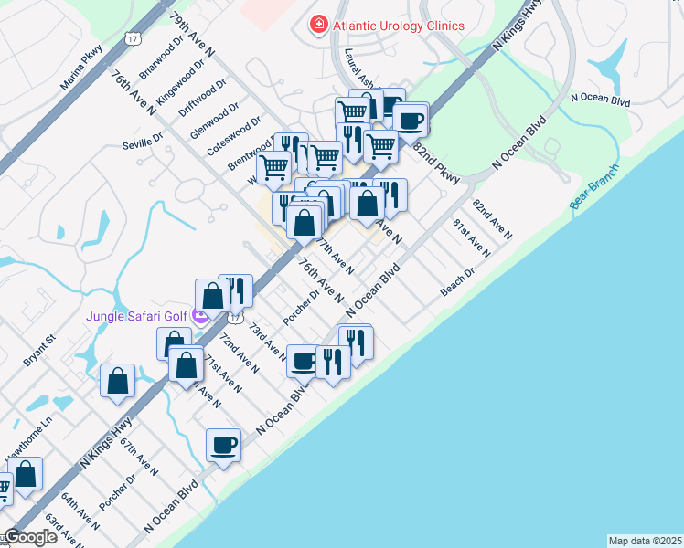 map of restaurants, bars, coffee shops, grocery stores, and more near 307 77th Avenue North in Myrtle Beach