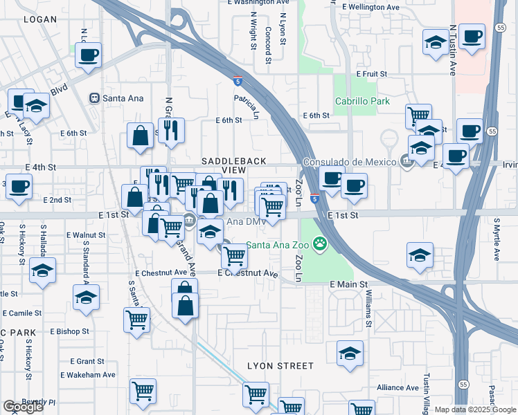 map of restaurants, bars, coffee shops, grocery stores, and more near 1609 East First Street in Santa Ana