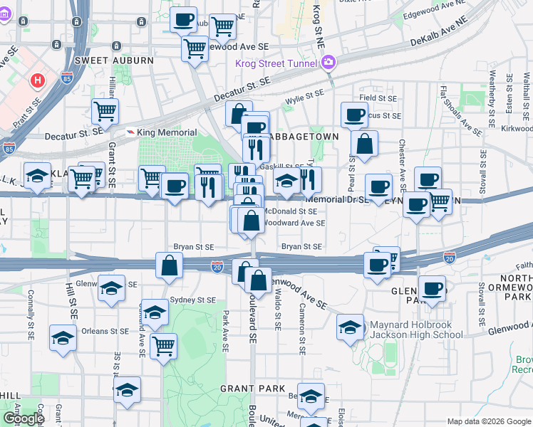 map of restaurants, bars, coffee shops, grocery stores, and more near 610 Woodward Avenue Southeast in Atlanta