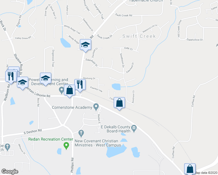 map of restaurants, bars, coffee shops, grocery stores, and more near 6389 Castle Court Way in Lithonia