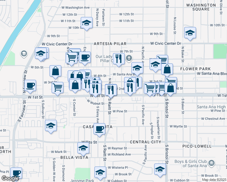 map of restaurants, bars, coffee shops, grocery stores, and more near 1724 West 2nd Street in Santa Ana