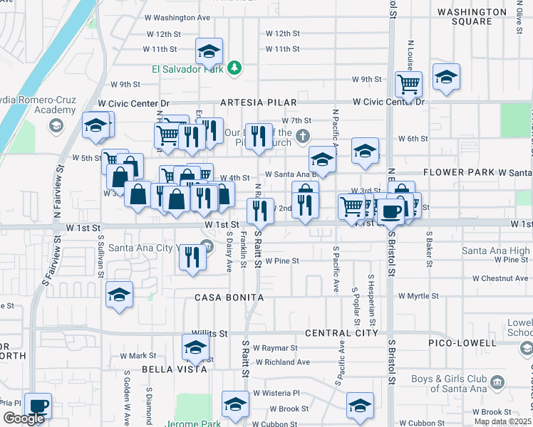 map of restaurants, bars, coffee shops, grocery stores, and more near 1724 West 2nd Street in Santa Ana
