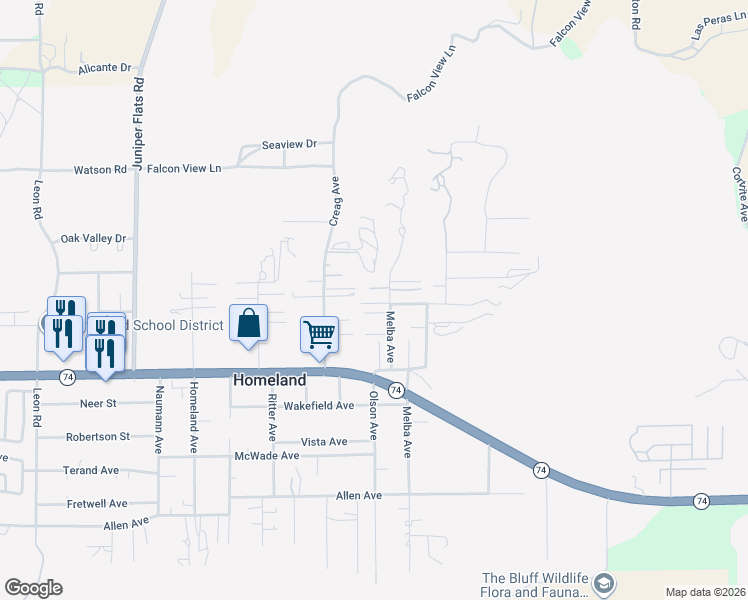 map of restaurants, bars, coffee shops, grocery stores, and more near 25821 Melba Avenue in Homeland