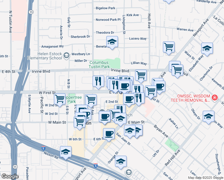 map of restaurants, bars, coffee shops, grocery stores, and more near 453 East 1st Street in Tustin