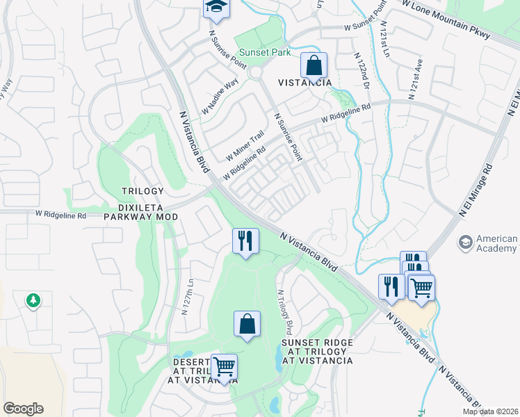 map of restaurants, bars, coffee shops, grocery stores, and more near 12585 West Lindbergh Drive in Peoria