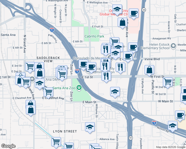 map of restaurants, bars, coffee shops, grocery stores, and more near in Santa Ana