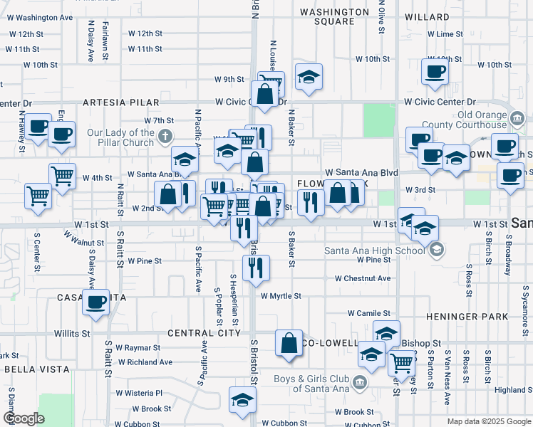 map of restaurants, bars, coffee shops, grocery stores, and more near in Santa Ana