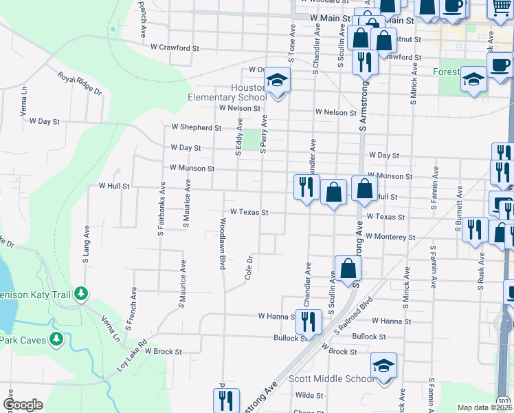 map of restaurants, bars, coffee shops, grocery stores, and more near 1101 South Perry Avenue in Denison