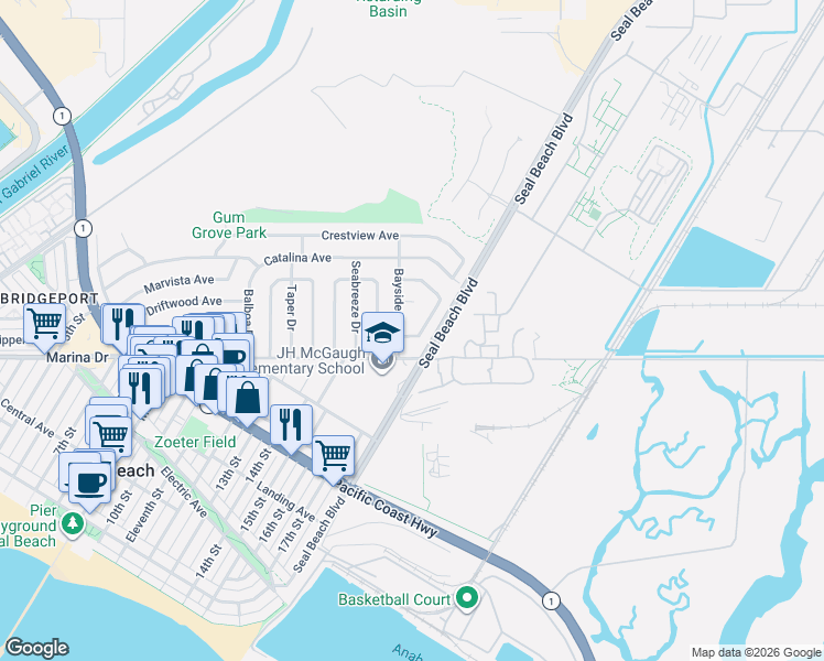 map of restaurants, bars, coffee shops, grocery stores, and more near 1709 Harbor Way in Seal Beach