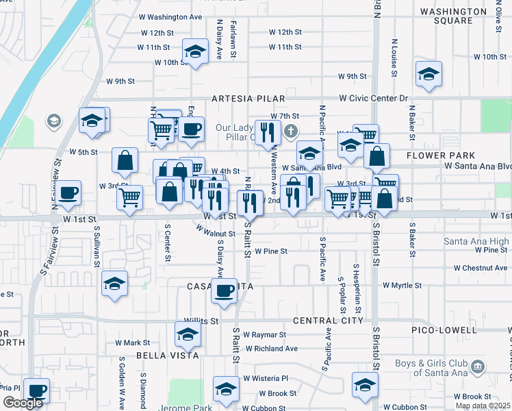 map of restaurants, bars, coffee shops, grocery stores, and more near 1724 West 2nd Street in Santa Ana