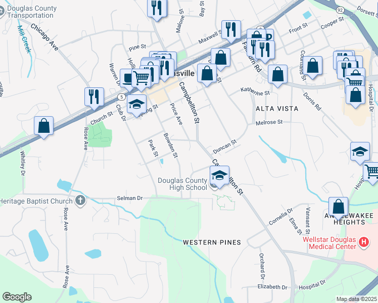 map of restaurants, bars, coffee shops, grocery stores, and more near 8650 Bowden Street in Douglasville