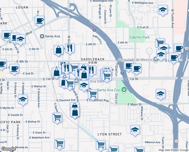 map of restaurants, bars, coffee shops, grocery stores, and more near 1529 East 1st Street in Santa Ana