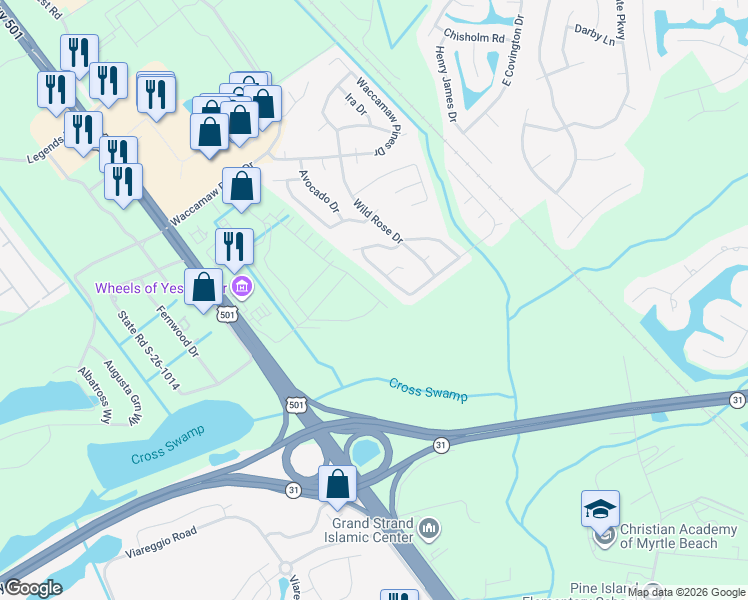 map of restaurants, bars, coffee shops, grocery stores, and more near 368 Southern Pines Drive in Myrtle Beach