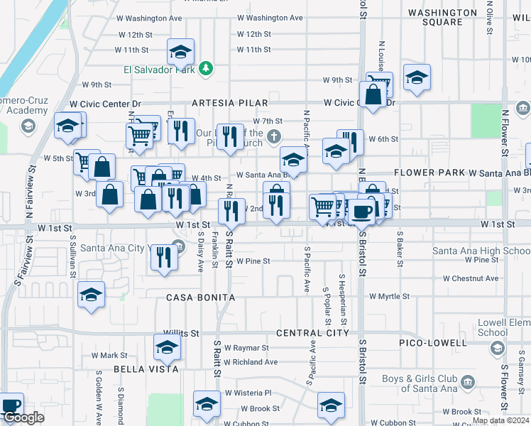 map of restaurants, bars, coffee shops, grocery stores, and more near 1624 West 2nd Street in Santa Ana