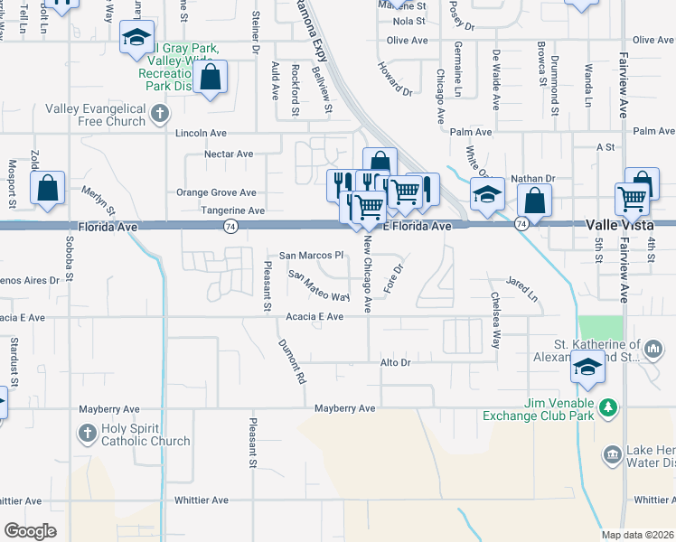 map of restaurants, bars, coffee shops, grocery stores, and more near 43216 San Miguel Way in Hemet