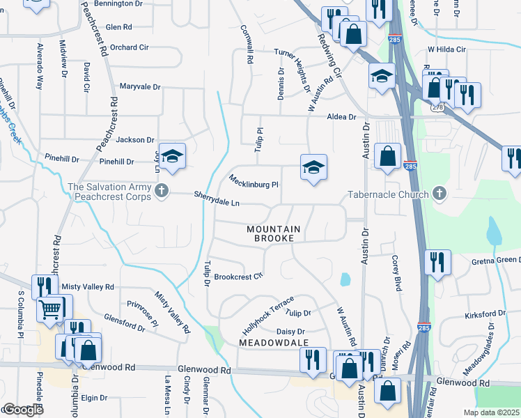 map of restaurants, bars, coffee shops, grocery stores, and more near 3992 Brookcrest Circle in Decatur