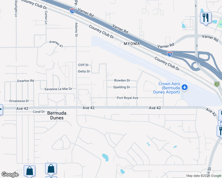 map of restaurants, bars, coffee shops, grocery stores, and more near 79271 Spalding Drive in Bermuda Dunes