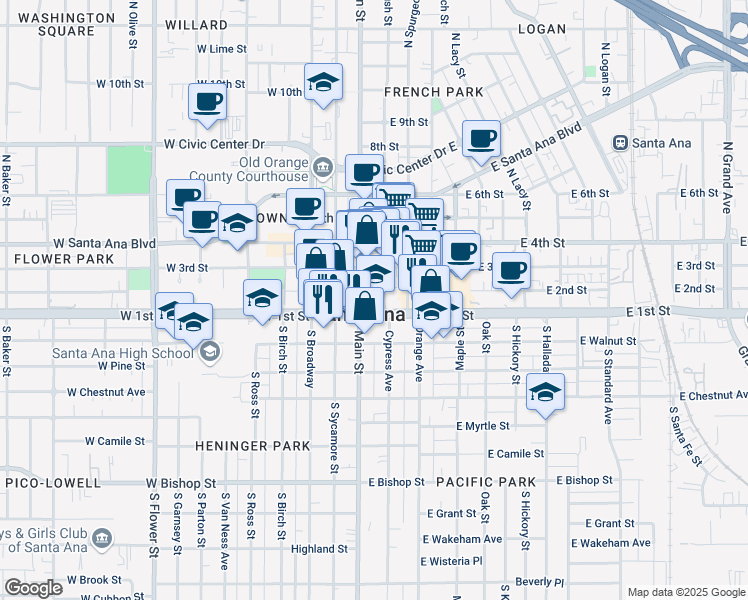 map of restaurants, bars, coffee shops, grocery stores, and more near in Santa Ana