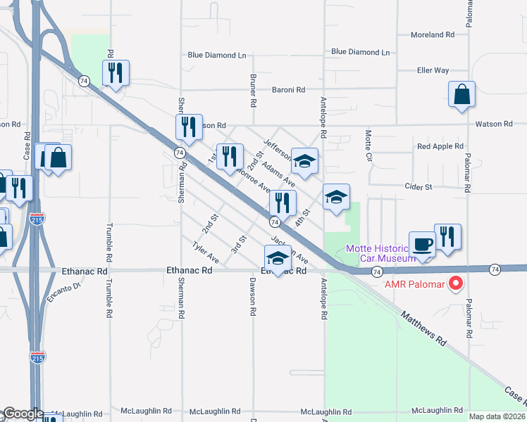 map of restaurants, bars, coffee shops, grocery stores, and more near in Menifee
