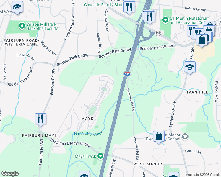 map of restaurants, bars, coffee shops, grocery stores, and more near Venture Way in Atlanta